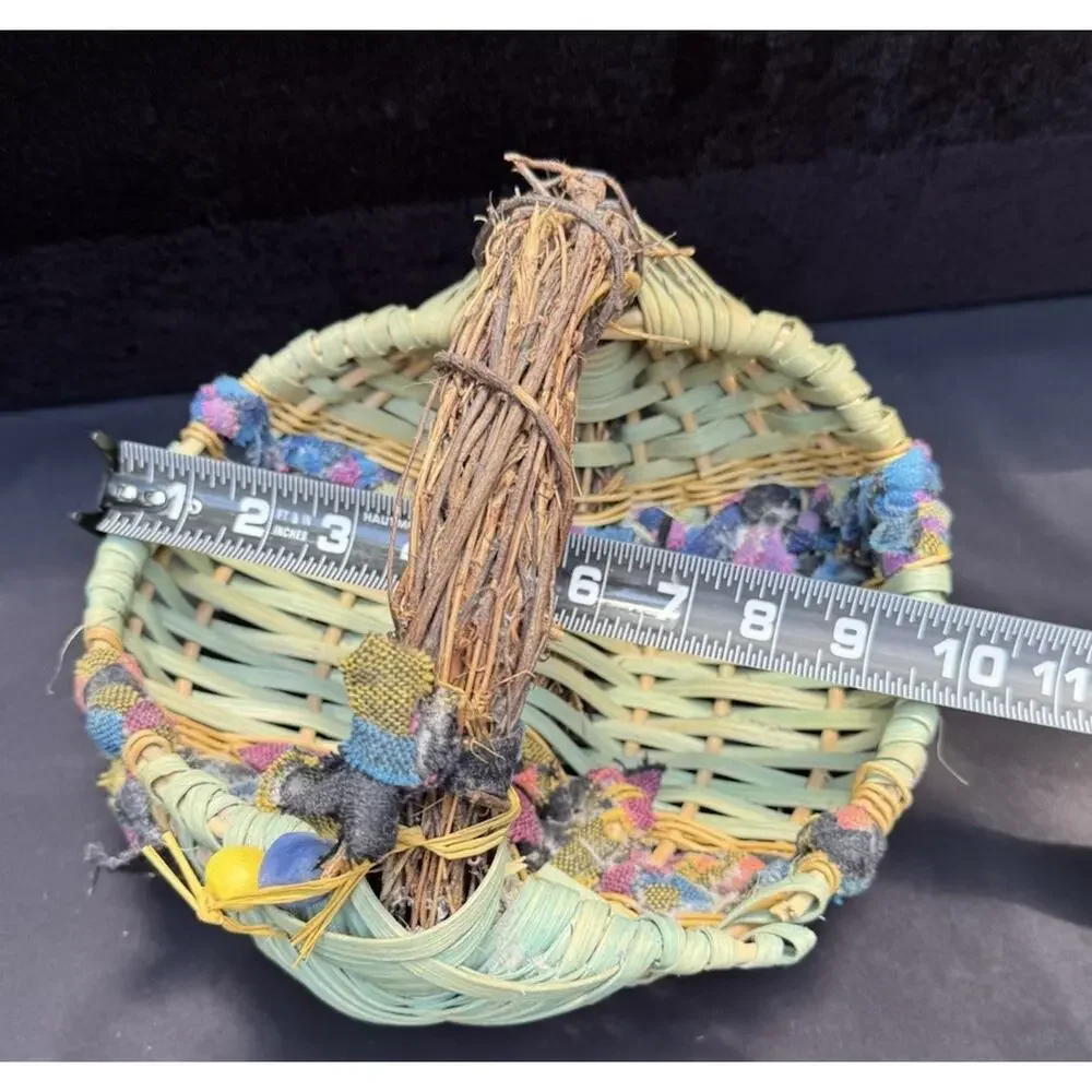 Vintage Woven African Egg Basket Super Colorful With Rag Bead Accents